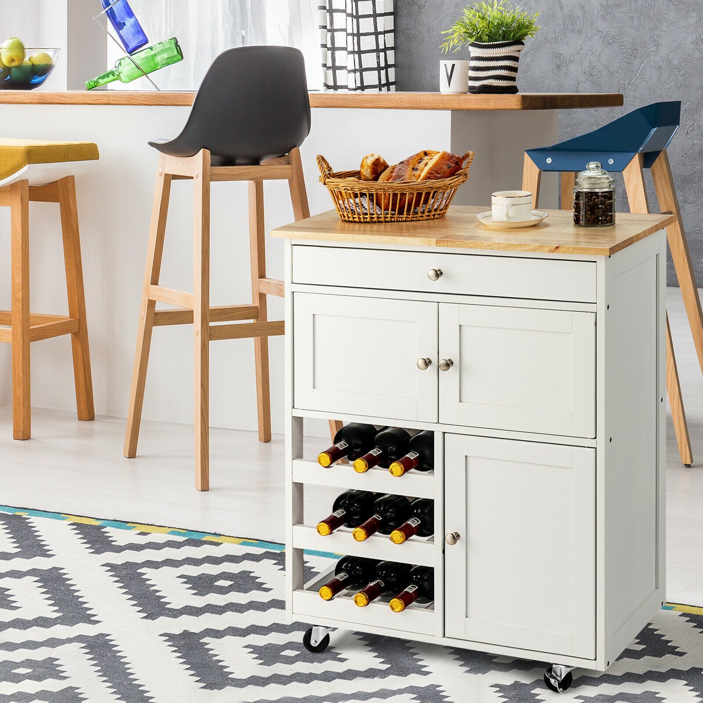 Rolling Kitchen Cart with 3 Tier Wine Racks and Cupboards-Brown