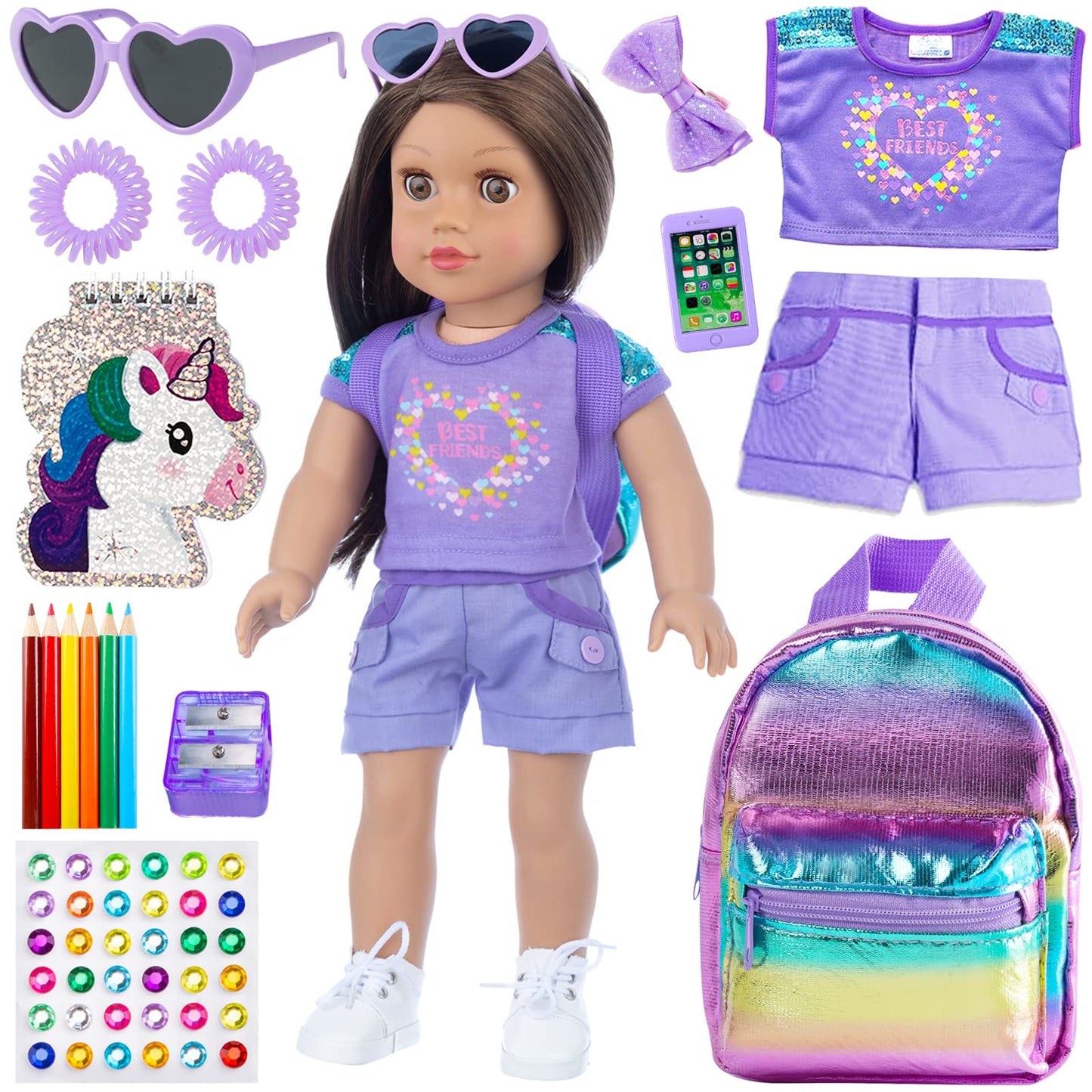 18INDC 18-Inch Doll School Accessories Playset – Clothes, Bag, Phone & Notebook (No Dolls)