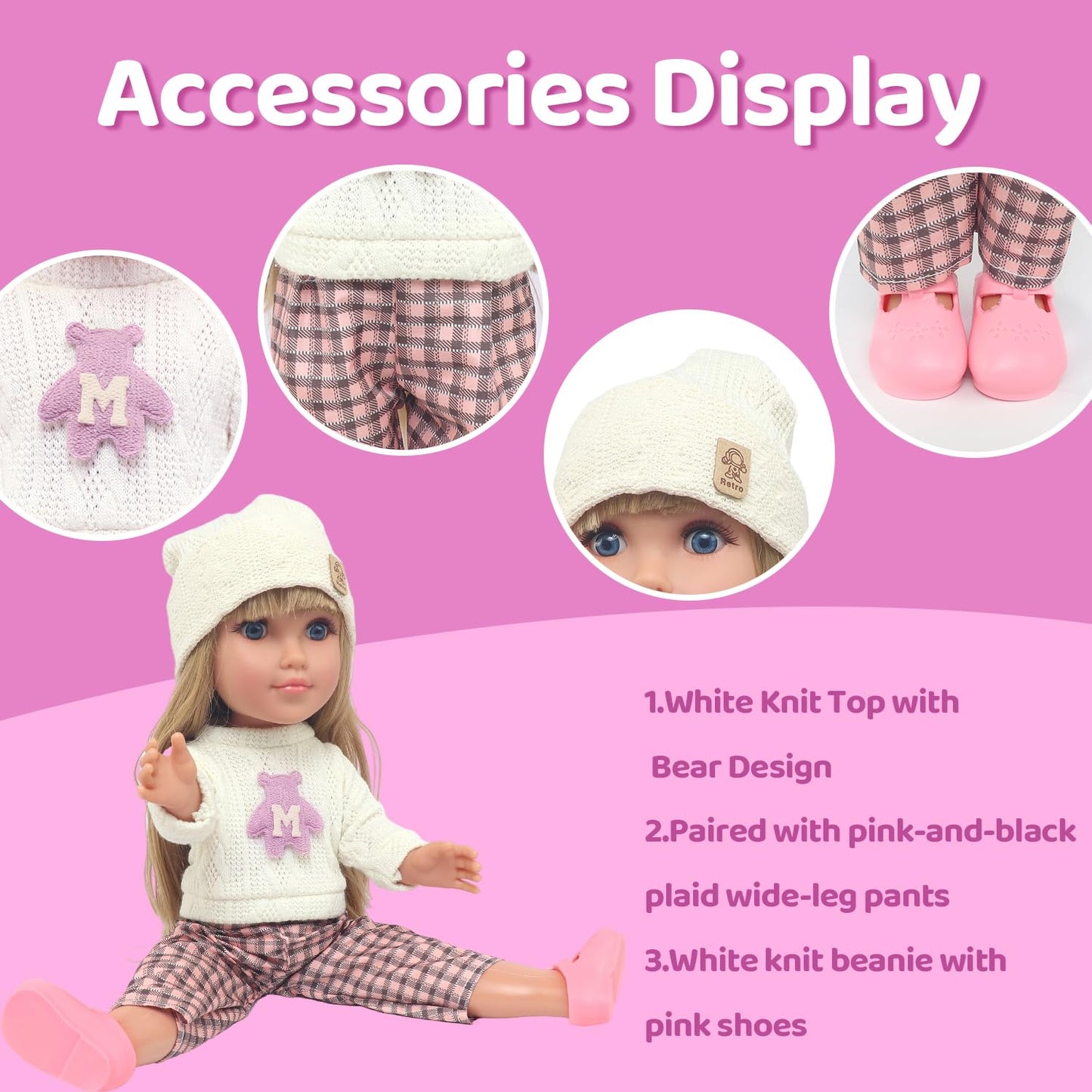 18INDC 18-Inch Doll Set with 4 Accessories — Knit Top, Plaid Wide-Leg Pants, Shoes, Knit Hat (Doll Included)