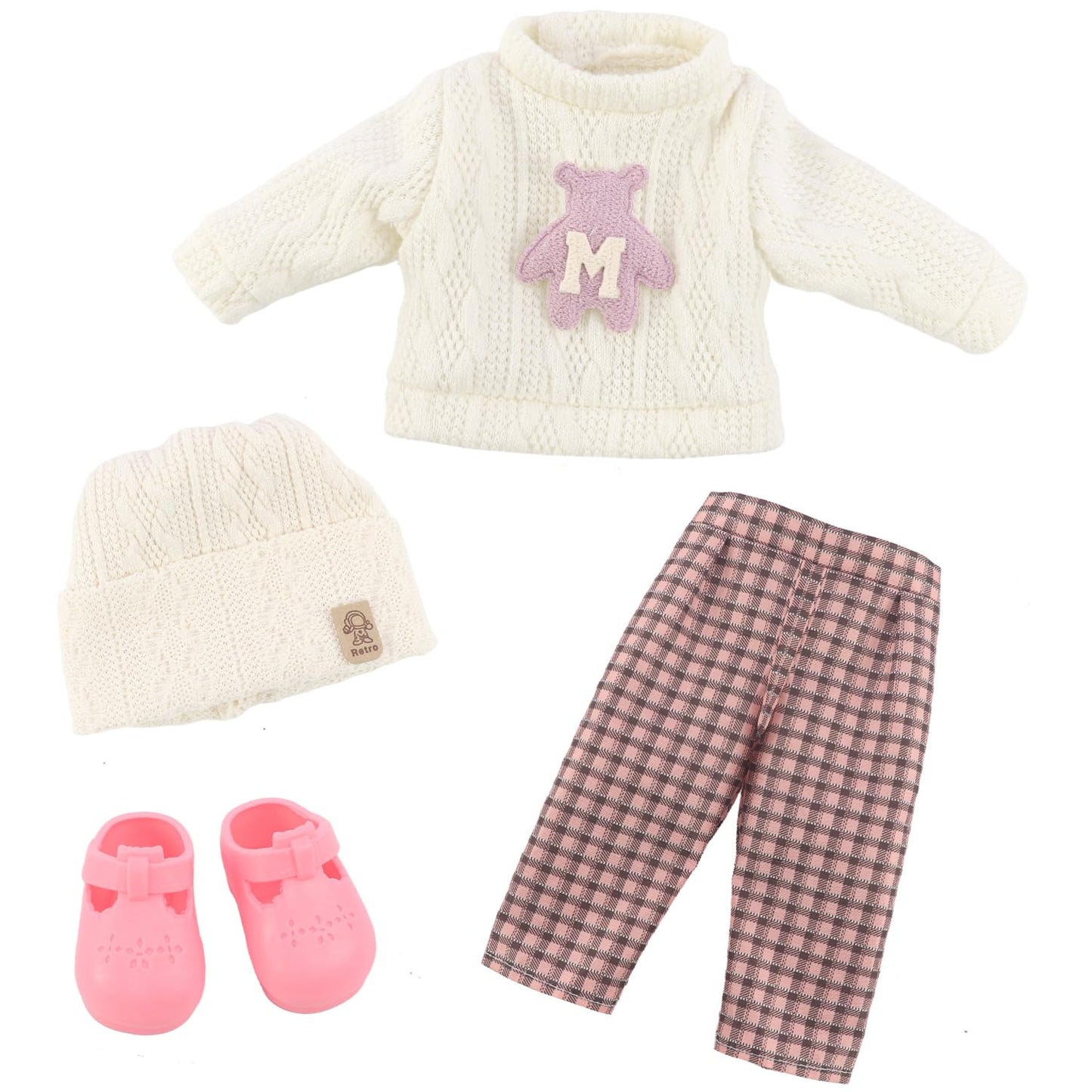 18INDC 18-Inch Doll Set with 4 Accessories — Knit Top, Plaid Wide-Leg Pants, Shoes, Knit Hat (Doll Included)