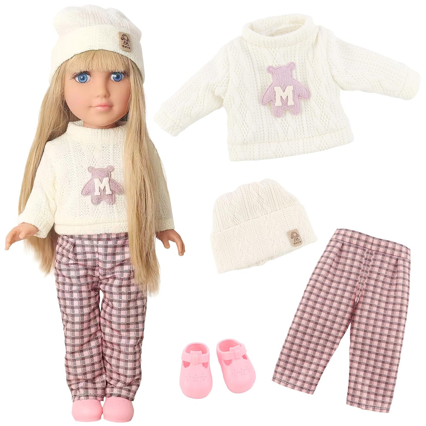 18INDC 18-Inch Doll Set with 4 Accessories — Knit Top, Plaid Wide-Leg Pants, Shoes, Knit Hat (Doll Included)