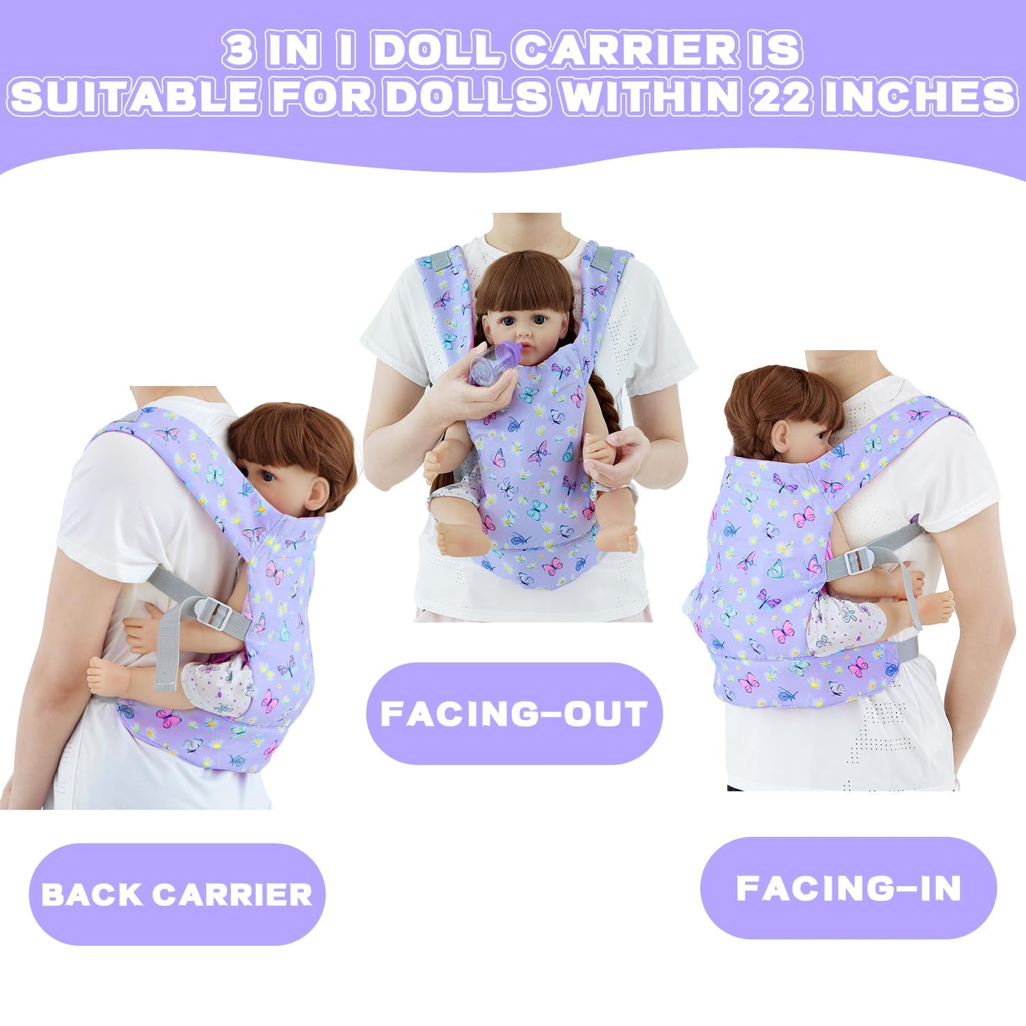 18INDC Baby Doll Carrier with Accessories — Adjustable 22-Inch Doll Carrier (Purple)