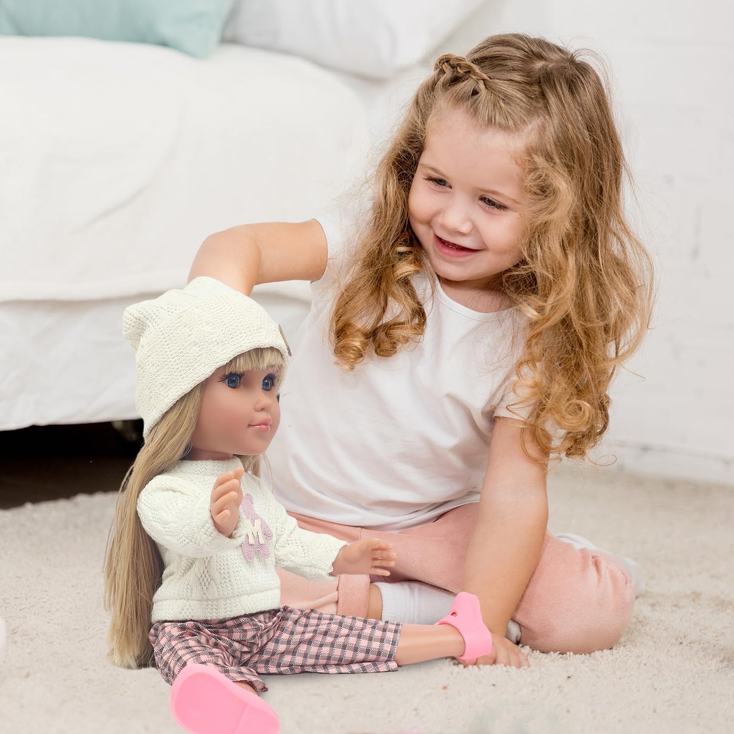 18INDC 18-Inch Doll Set with 4 Accessories — Knit Top, Plaid Wide-Leg Pants, Shoes, Knit Hat (Doll Included)
