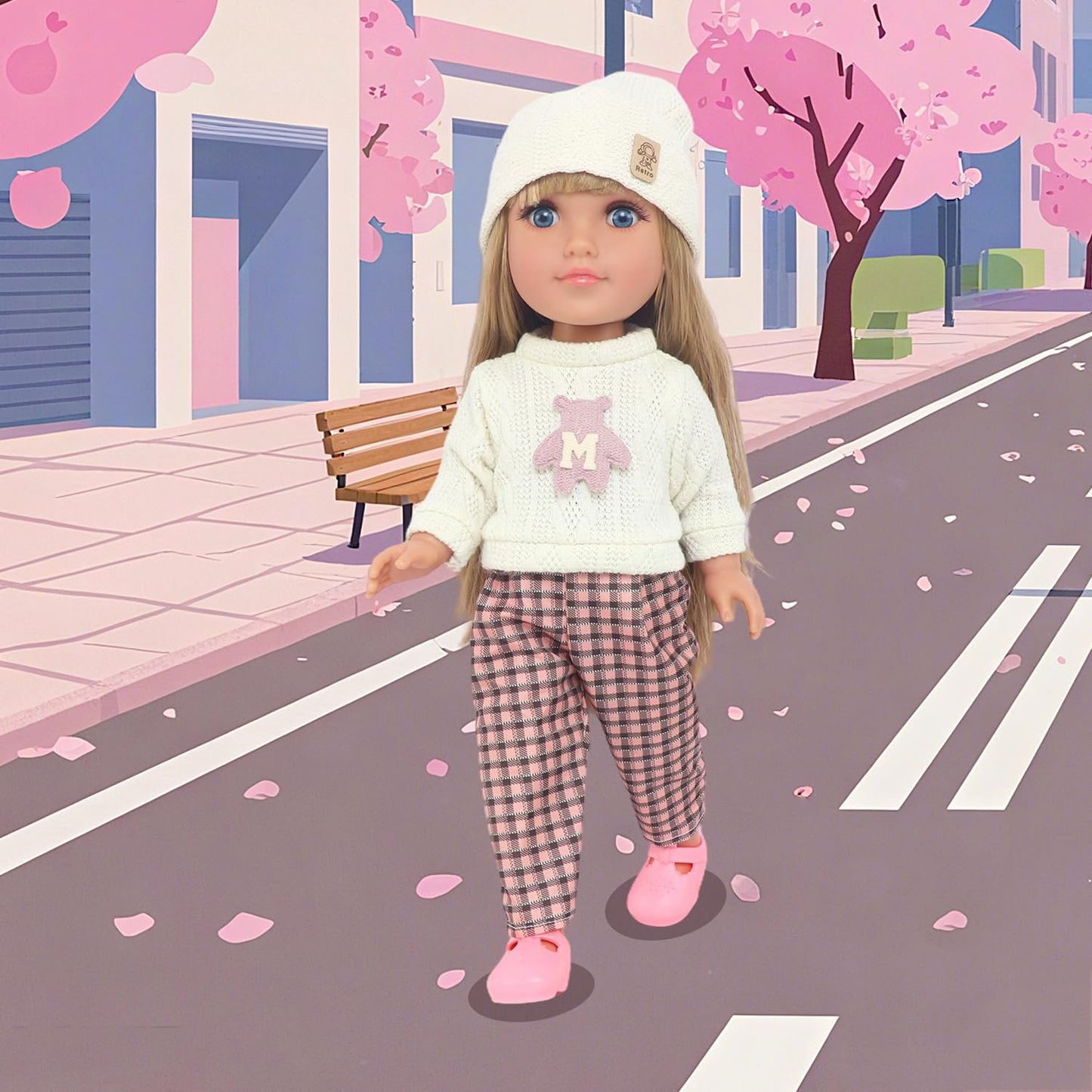 18INDC 18-Inch Doll Set with 4 Accessories — Knit Top, Plaid Wide-Leg Pants, Shoes, Knit Hat (Doll Included)