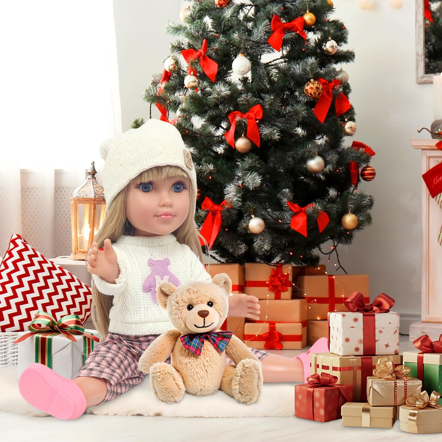 18INDC 18-Inch Doll Set with 4 Accessories — Knit Top, Plaid Wide-Leg Pants, Shoes, Knit Hat (Doll Included)