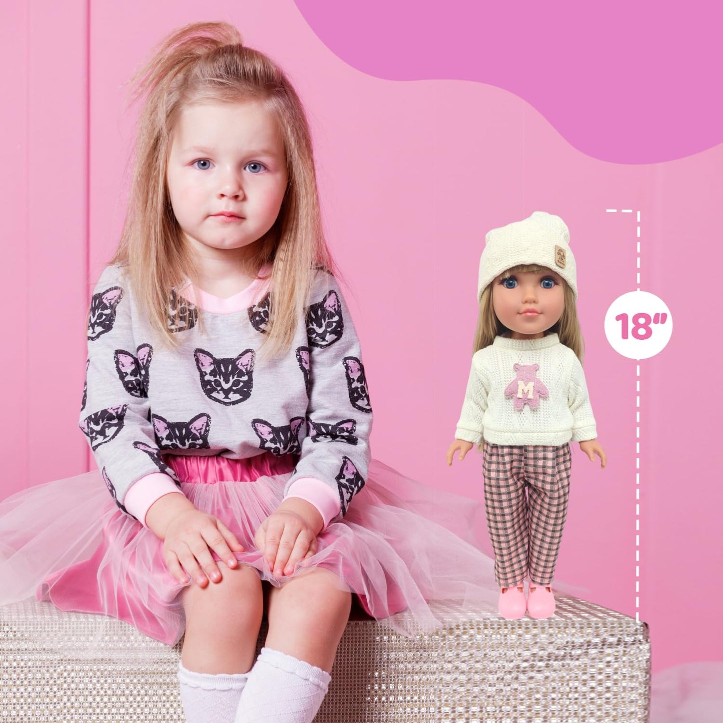 18INDC 18-Inch Doll Set with 4 Accessories — Knit Top, Plaid Wide-Leg Pants, Shoes, Knit Hat (Doll Included)