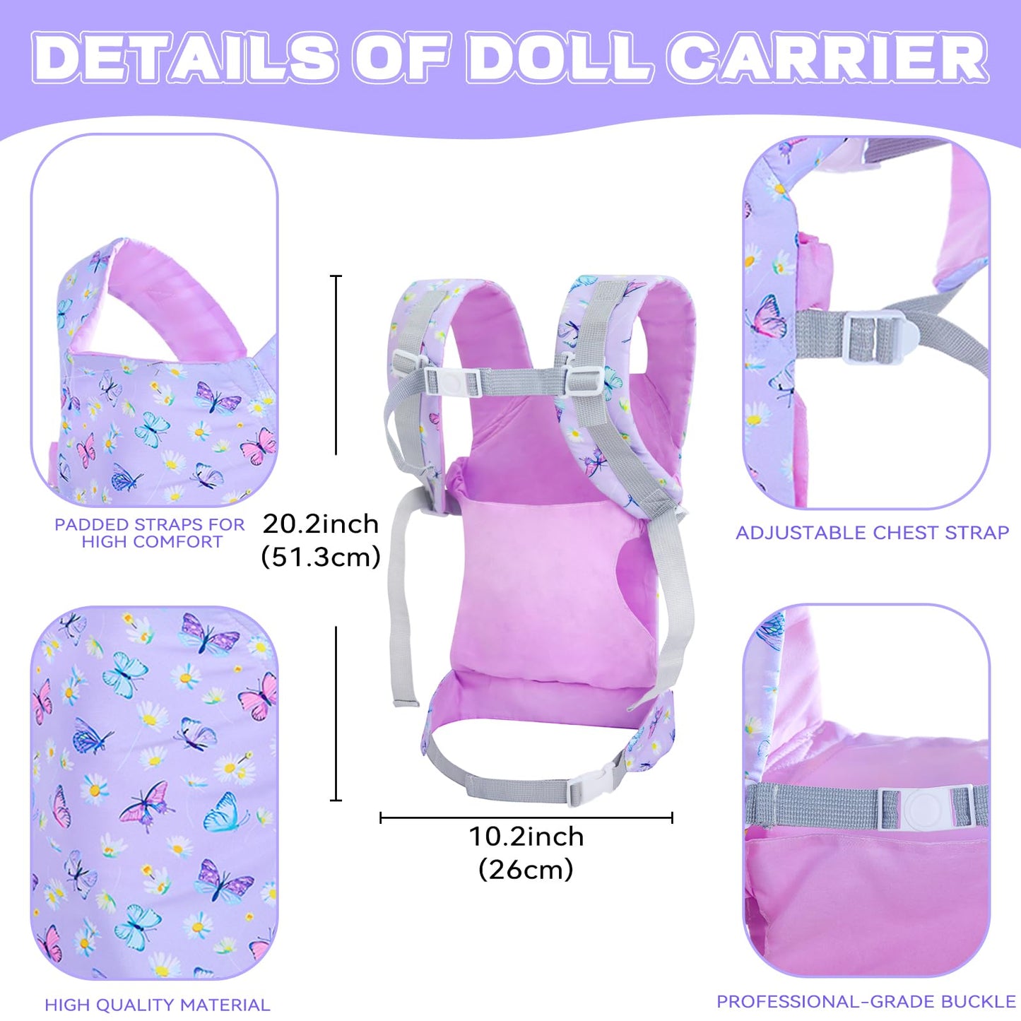 18INDC Baby Doll Carrier with Accessories — Adjustable 22-Inch Doll Carrier (Purple)