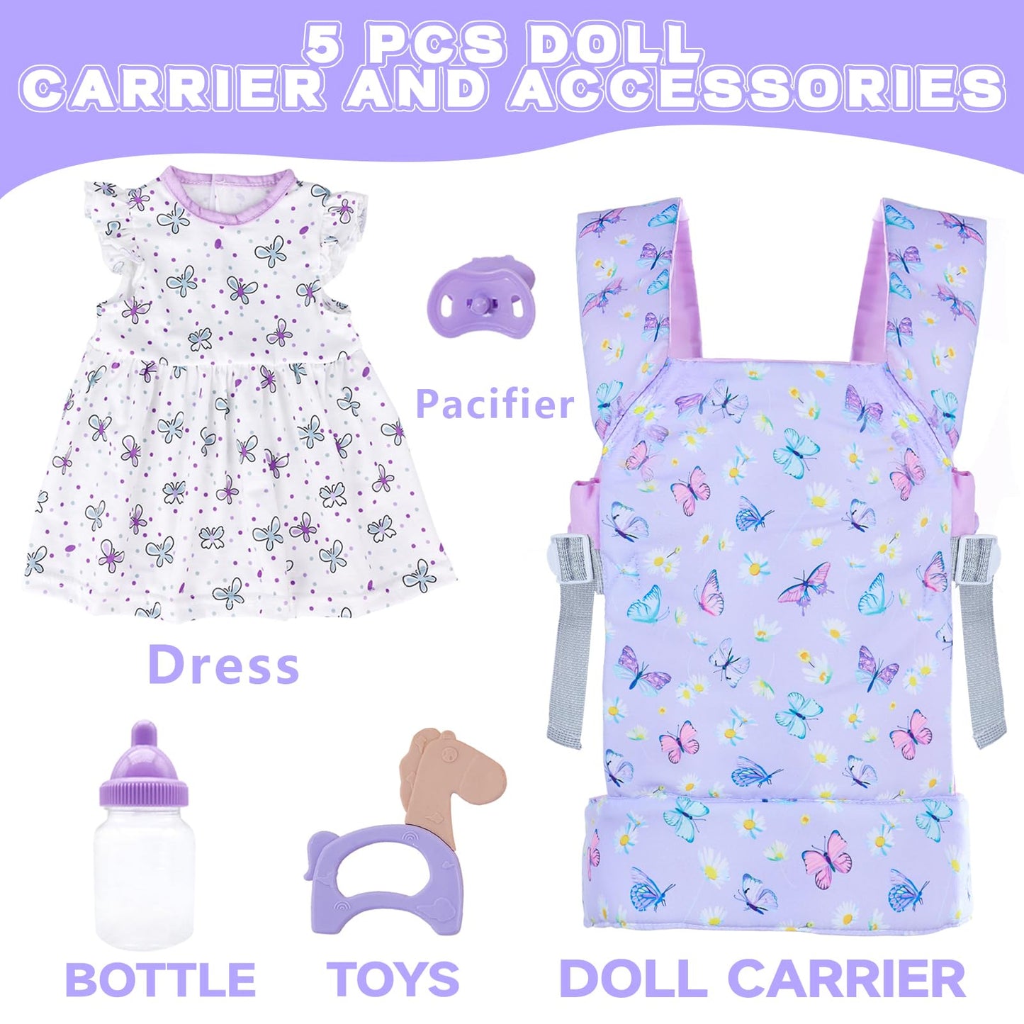 18INDC Baby Doll Carrier with Accessories — Adjustable 22-Inch Doll Carrier (Purple)