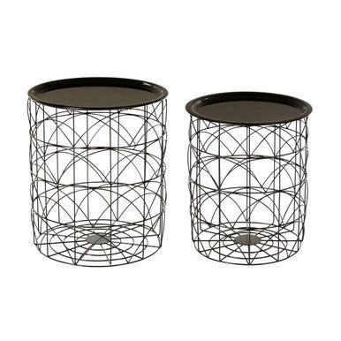 Set of 2 Black Recessed Tops and Metal Wire Basket Frame Side Tables, Hege