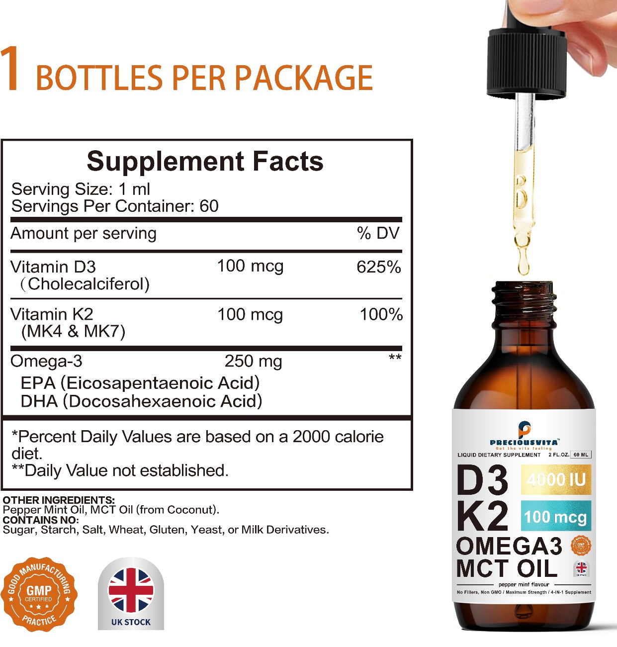 Preciousvita Vitamin D3K2 Liquid Drops,Vitamin D3:4000iu & Vitamin K2:100MCG,Peppermint Flavoured, 60ml