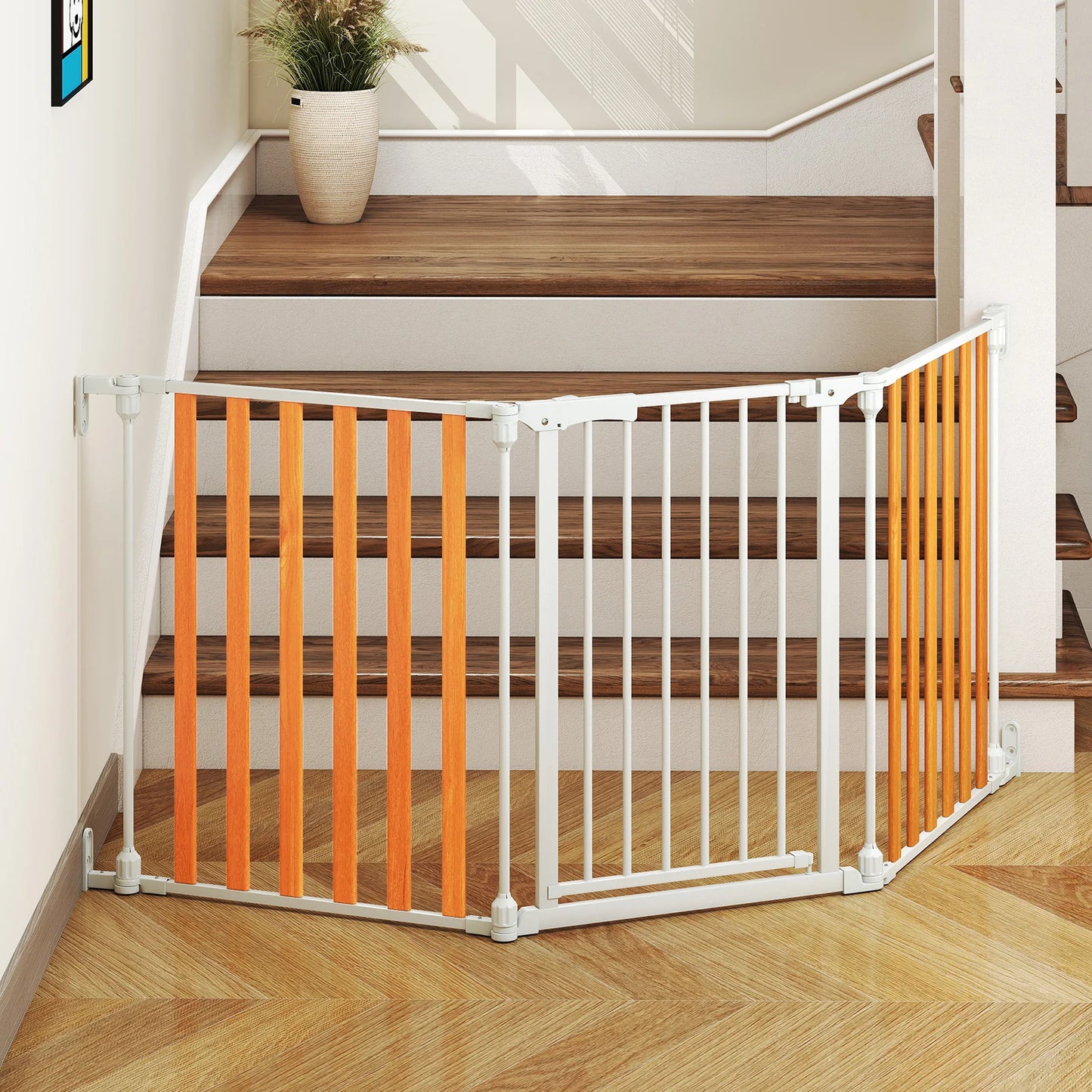 195 CM Extra Wide Configurable Baby Gate 3-Panel Indoor Wood Metal Pet Gate-Natural&White