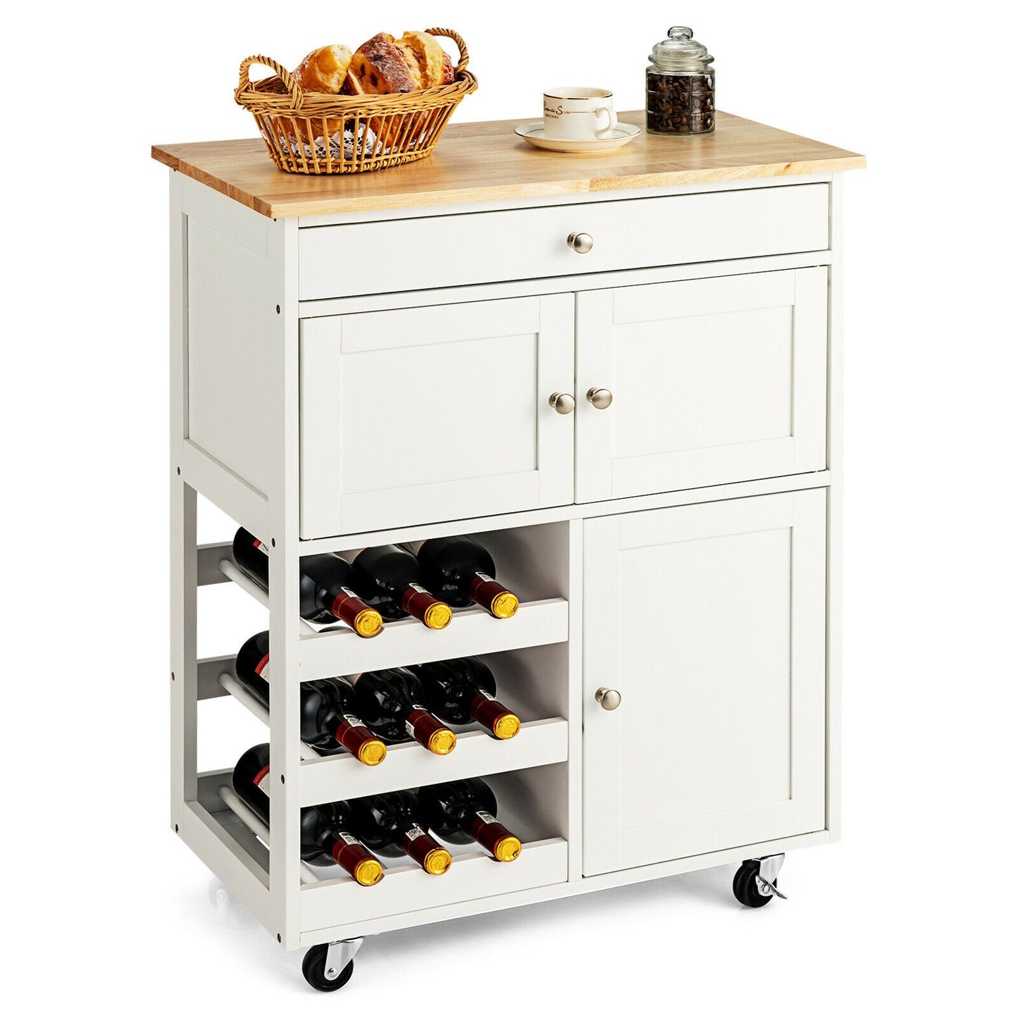 Rolling Kitchen Cart with 3 Tier Wine Racks and Cupboards-Brown