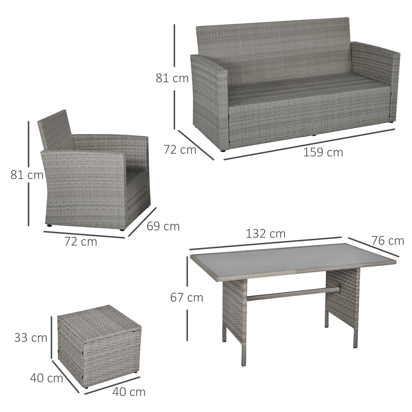 Outsunny 6 Pieces Outdoor PE Rattan Garden Furniture Set with Three-seat, Armchairs and Footstools, Patio Wicker Dining Sets w/Glass Top Dining Table, Soft Cushion, Mixed Grey