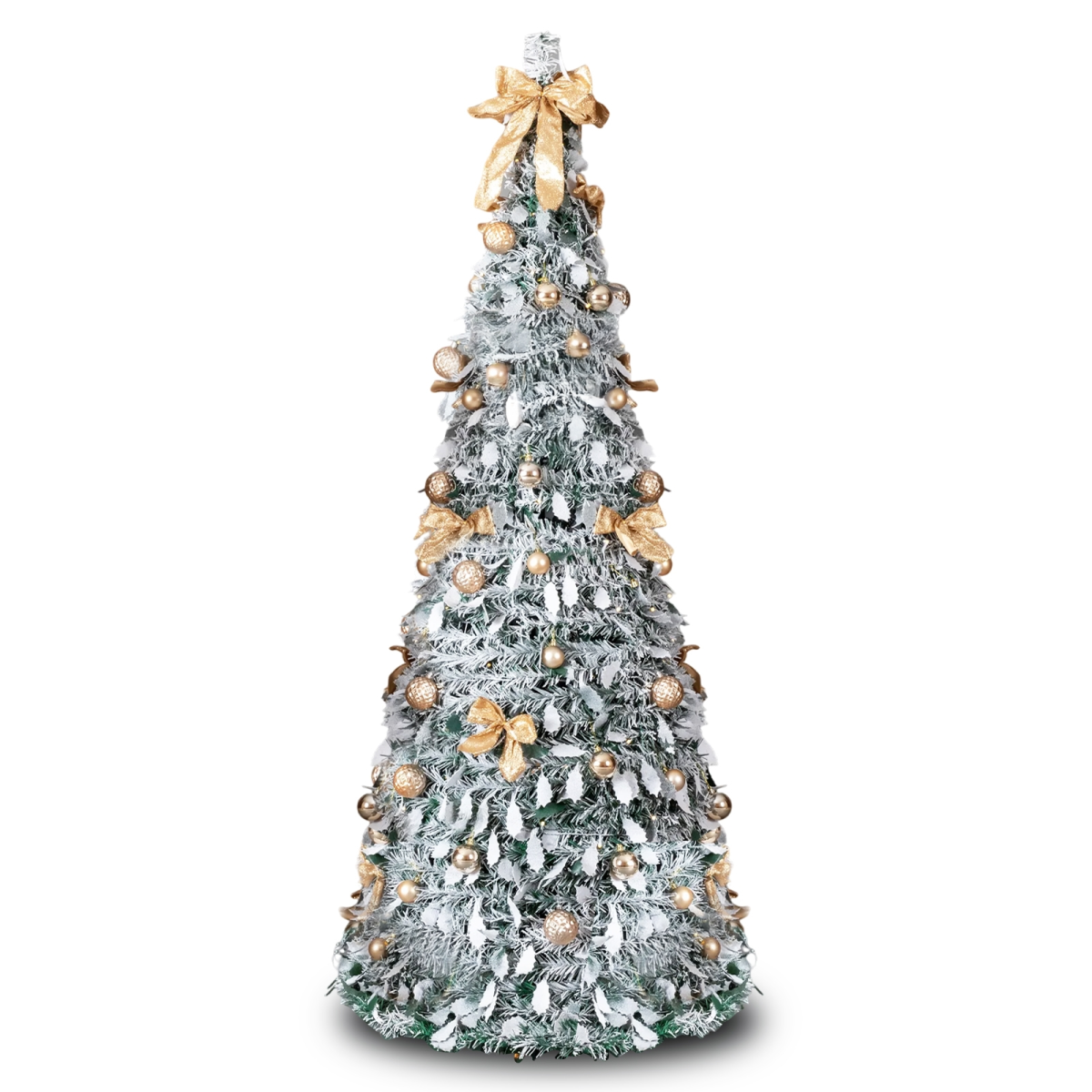 6 FT Snow Flocked Pre-lit Artificial Pop Up Christmas Tree with 100 Warm Lights and Golden Ornaments for Home Office Store Holiday Deco, Snowy Green