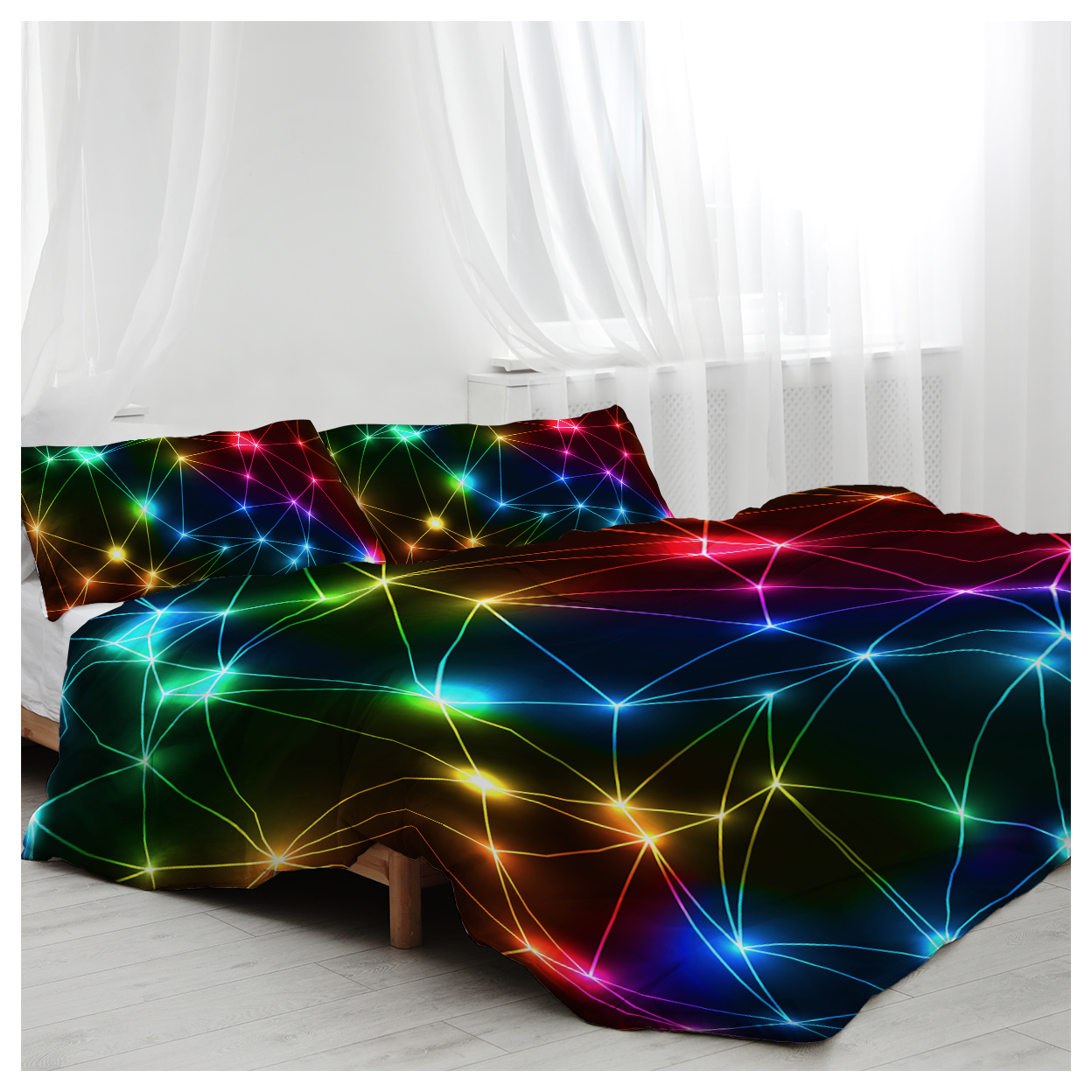 Triangle Retro Neon Duvet Cover Sets Glowing Sparkling Rainbow Laser Pattern 3 Piece Boy Bedding Sets (Single)