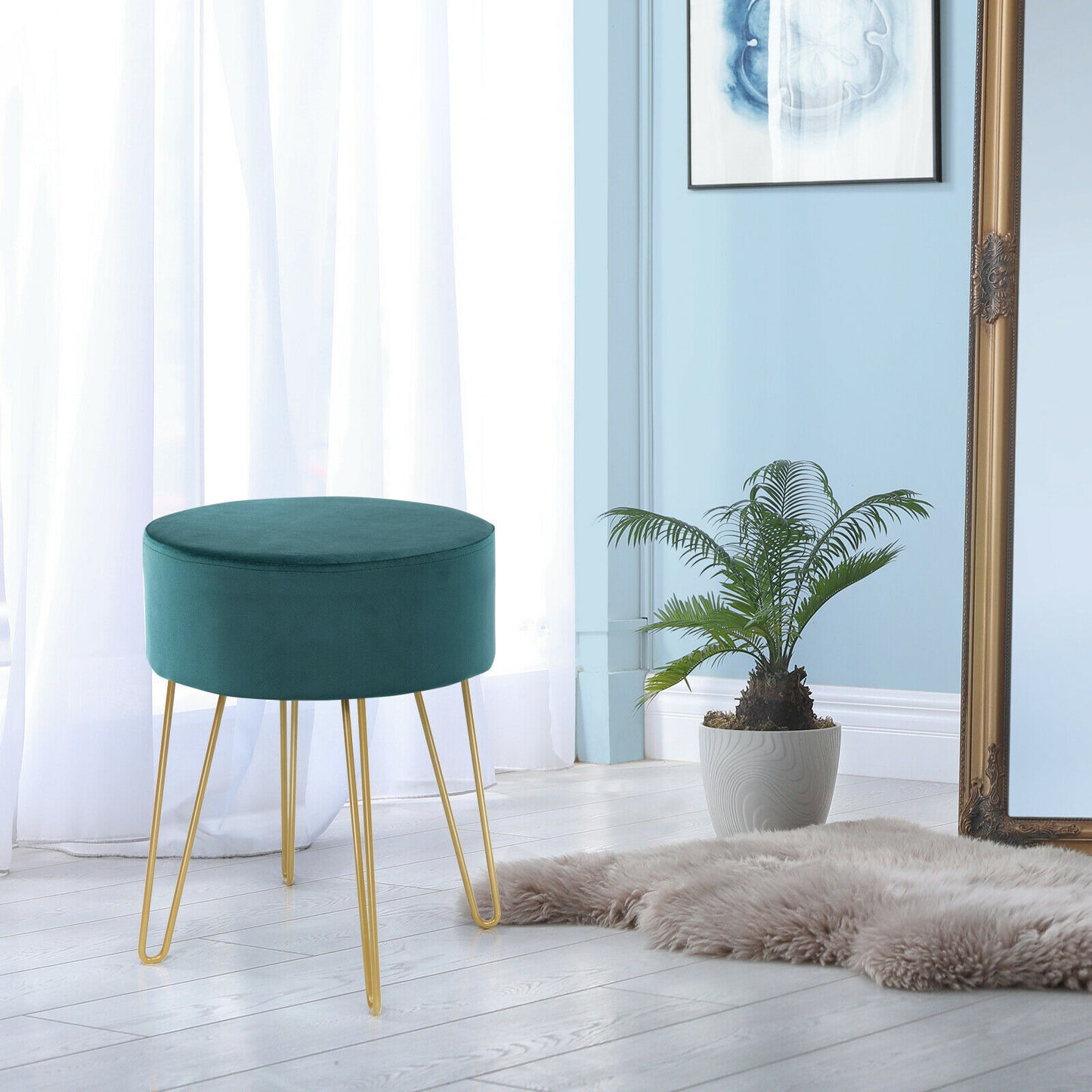 Velvet Modern Round Footstool Ottoman Makeup Dressing Chair-Blue