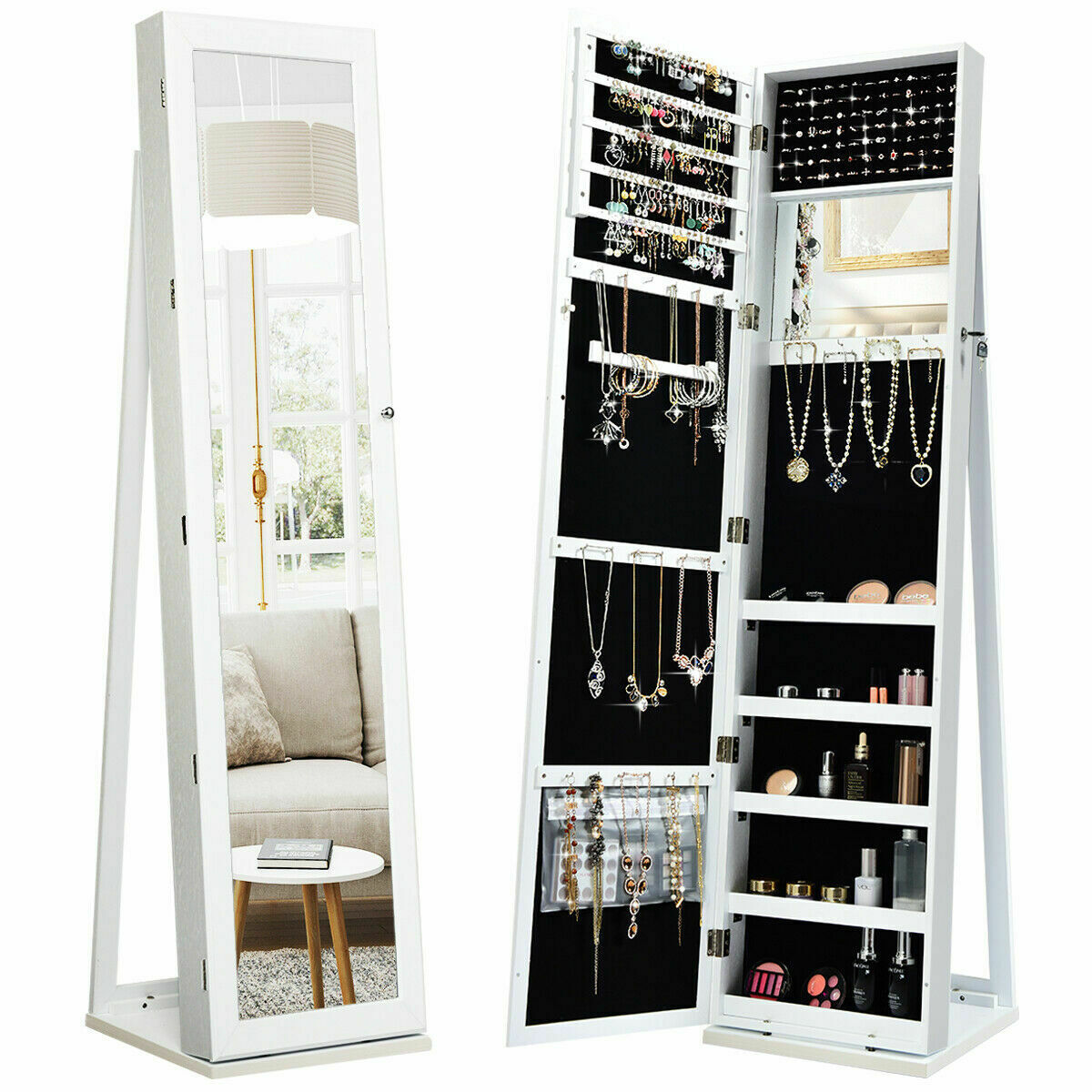 3-in-1 Mirrored Jewelry Armoire with Display Shelves-Black