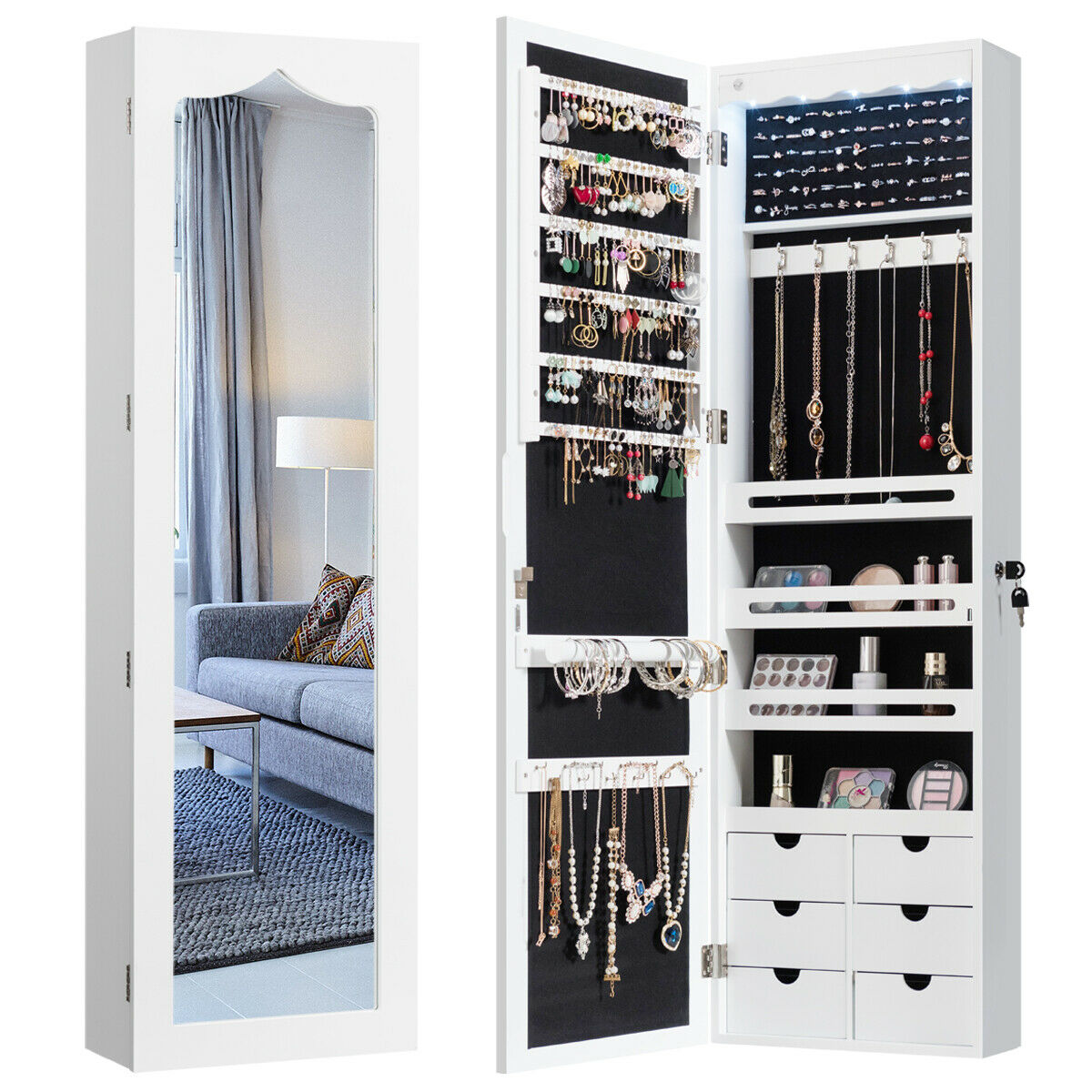 Wall Mounted Jewellery Armoire with LED Light-Black