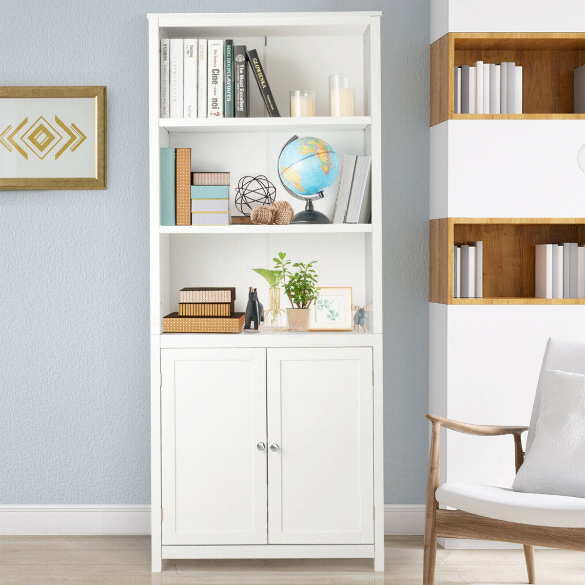 Wooden Tall Bookcase with 3-Tier Storage Cabinet-Grey