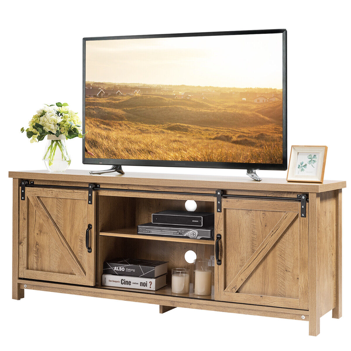 Modern TV Cabinet for 60-Inch TV Wooden Media Storage Shelves-Grey
