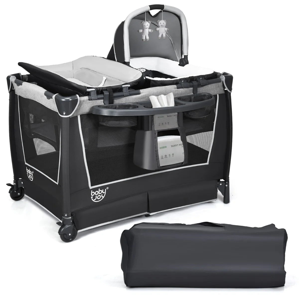 Travel Cot / Playpen with Removable Bassinet-Grey