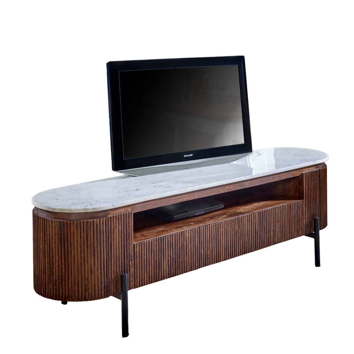 Opal Mango Wood Large Tv Stand With Marble Top & Metal Legs