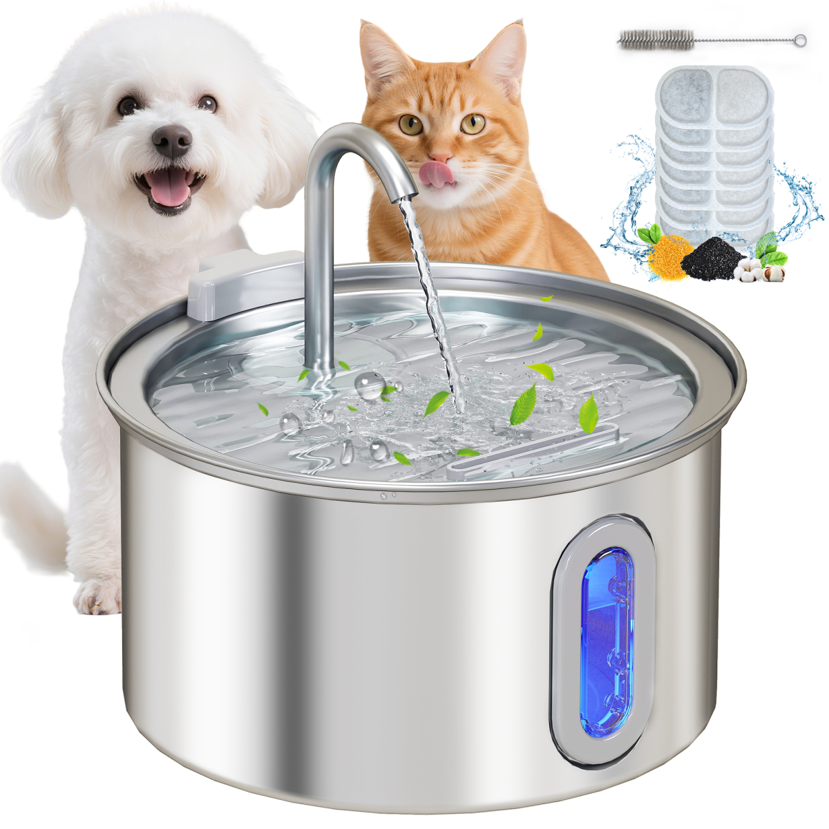 PawHut 2.5L Cat Water Fountain for Drinking Stainless Steel Ultra-Silent