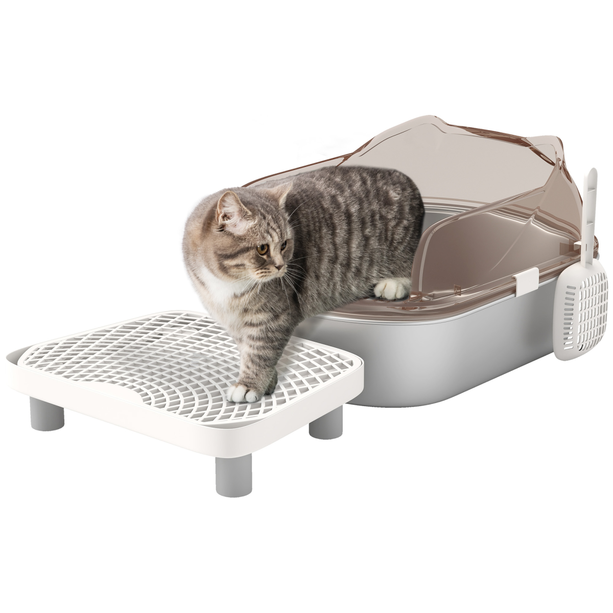 PawHut Stainless Steel Litter Box, Cat Litter Tray w/ Lid, Pedal, Scoop