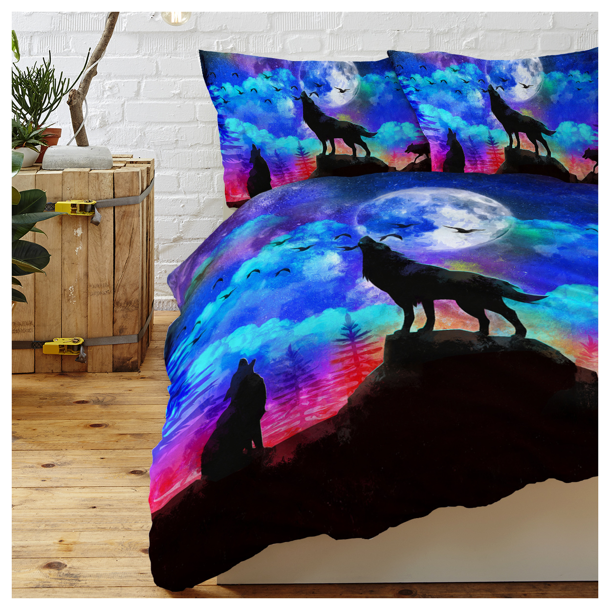 Moon Wolf Duvet Cover Set Double 3pcs Colorful Microfiber Kids Bedding Set