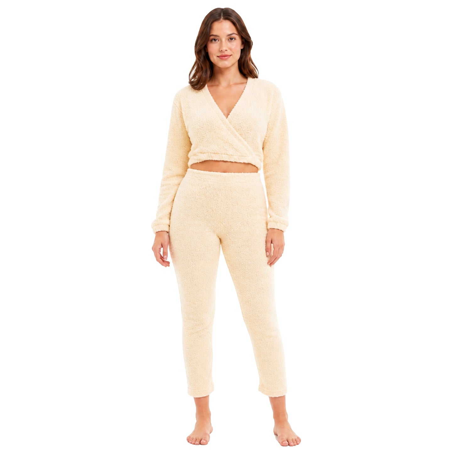 Daisy Dreamer Women's Teddy Fleece Loungewear Set With Long Sleeve Wrap Top And Stretch