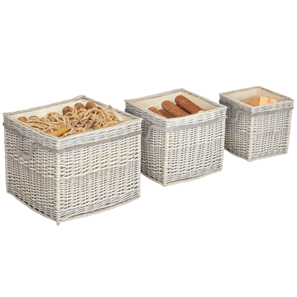 Outsunny Set of 3 Wicker Log Basket with Liner and Rope Handles, Beige