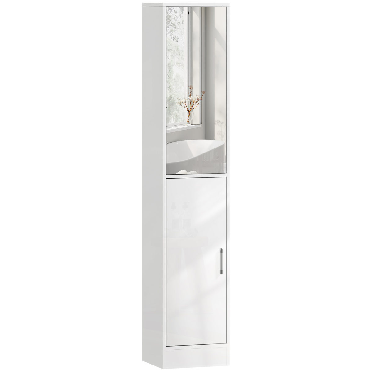 kleankin Tall Bathroom Cabinet with Mirror, High Gloss White