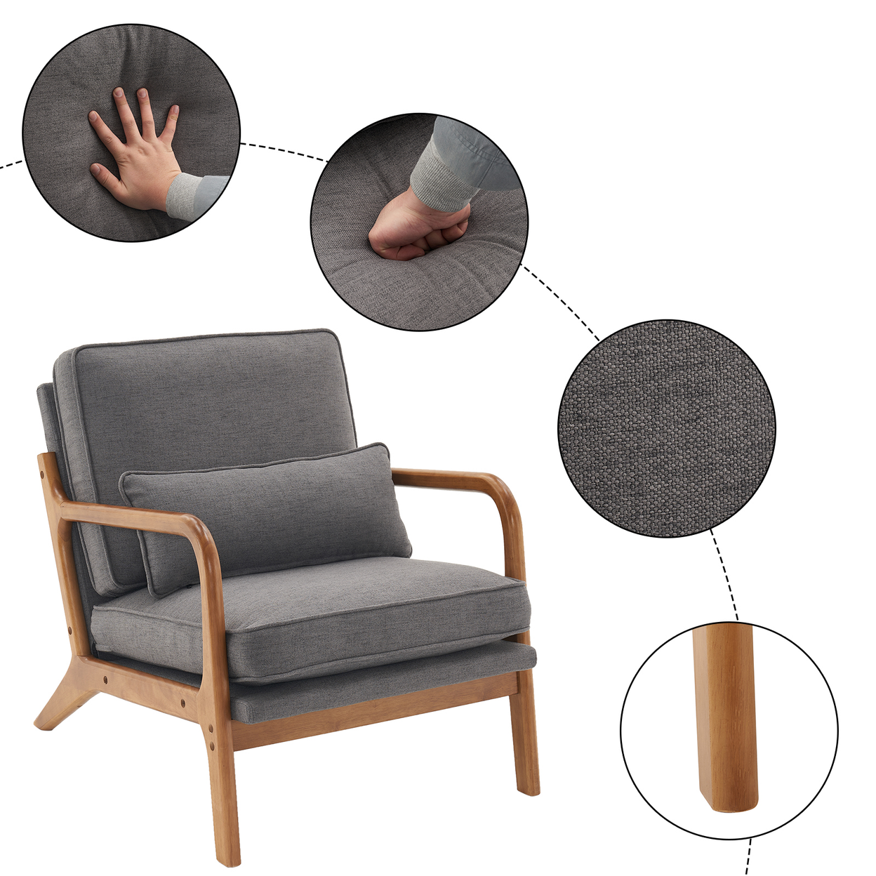【Same Code：44658239】Oak Armrest Oak Upholstered Single Lounge Chair Indoor Lounge Chair Dark Grey