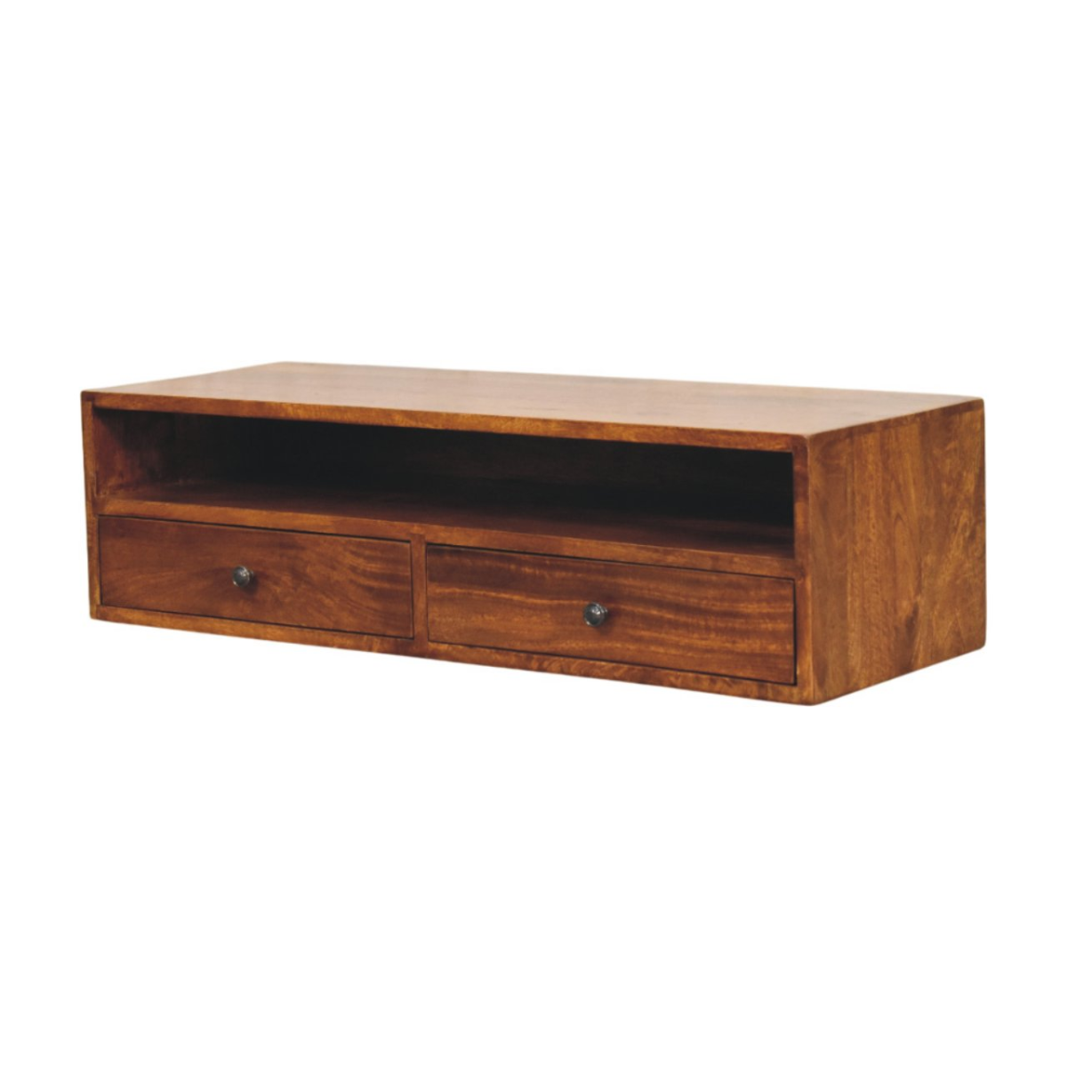Artisan Furniture Solid Wood Lunar Chestnut Wall Mounted Media Unit, 2 Drawers and Open Shelf, Dark Brown
