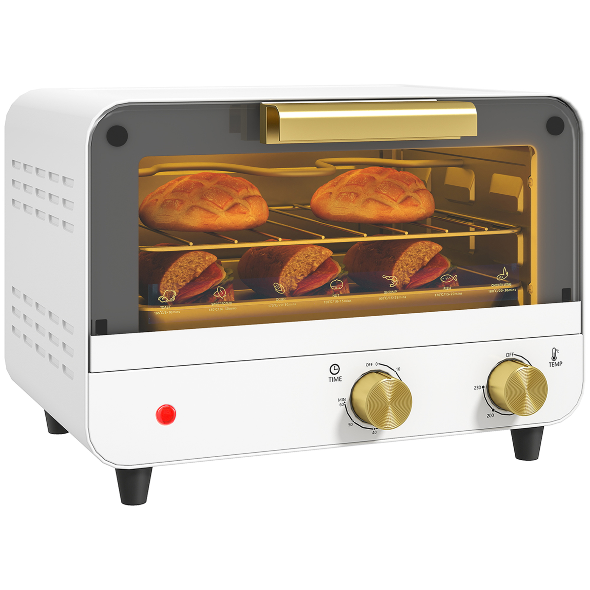 HOMCOM Small Toaster Oven, 12L Mini Countertop Oven with Glass Door, White