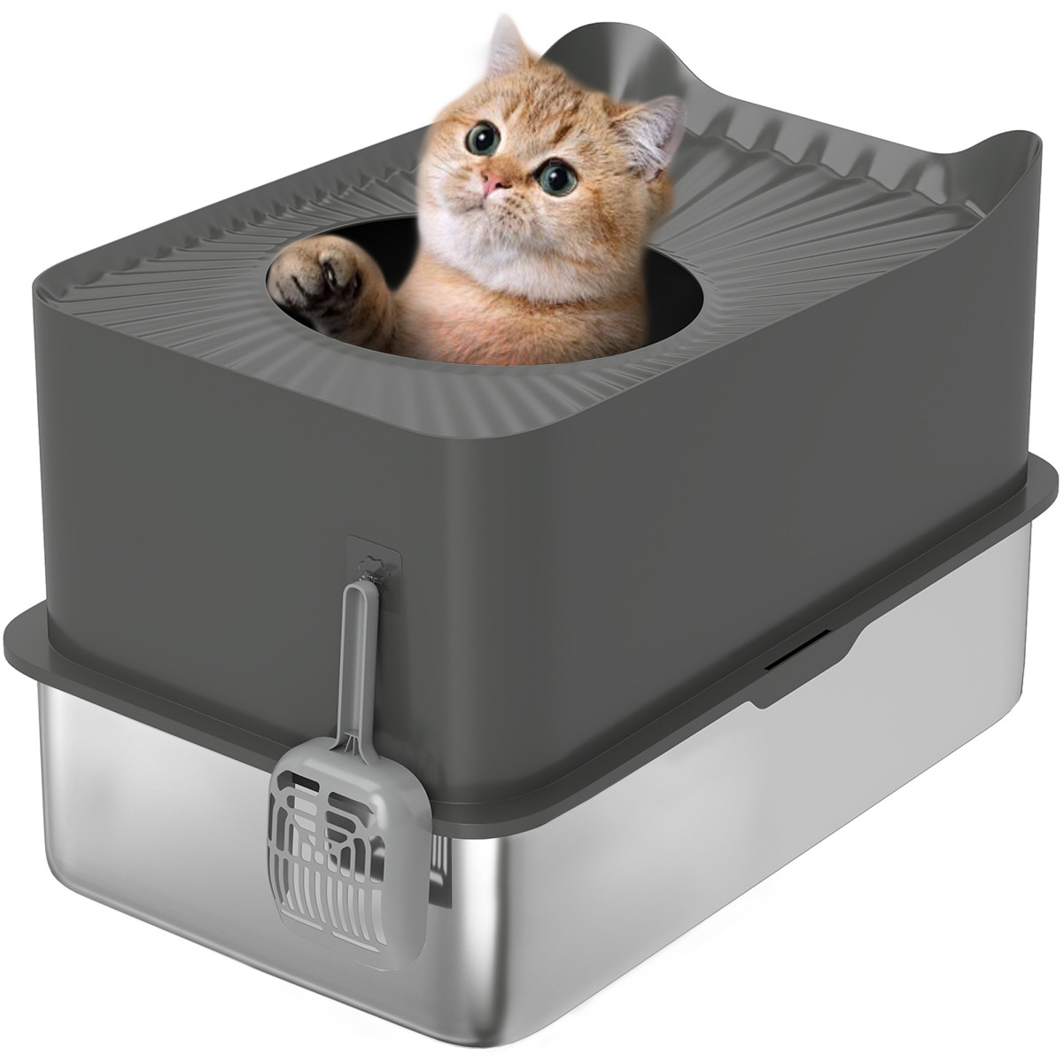 PawHut Stainless Steel Cat Litter Box, Enclosed Metal Litter Tray, Dark Grey