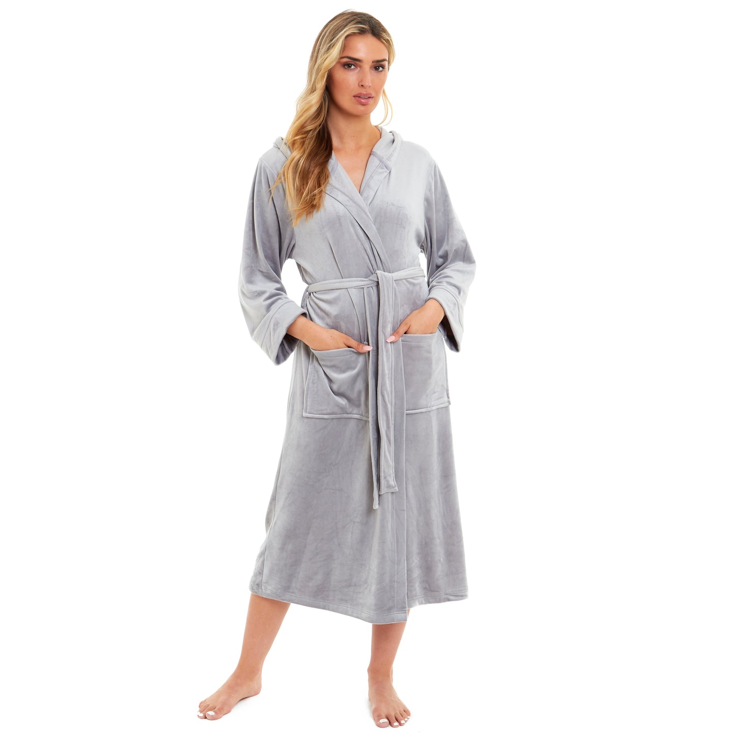 Daisy Dreamer Women's Hooded Velour Bathrobe Ultra Soft Luxurious Pink And Grey Cosy Super Soft Hotel-Style Robe