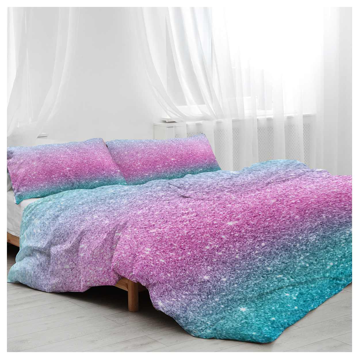 Girly Duvet Cover Rainbow Glitter Ombre Bedding Sets 3 Pcs Chic Unicorn Pink Purple Blue Green Pastel Bed Spreads Sparkle Quilt Cover Set with 2 Pillow Shams (Single)