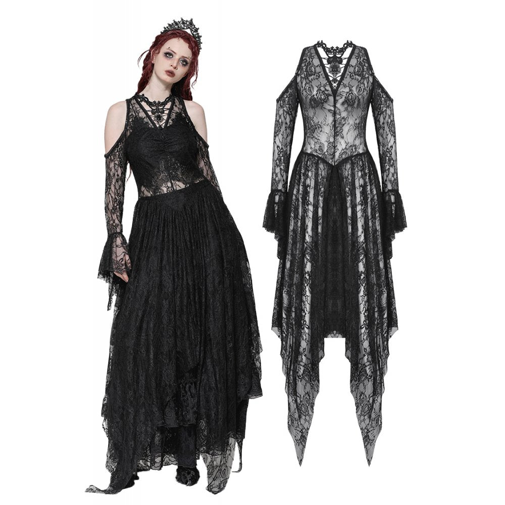 Dark in Love Carys Black Gothic Asymmetrical Lace Off-Shoulder Dress with Rhinestone Detail