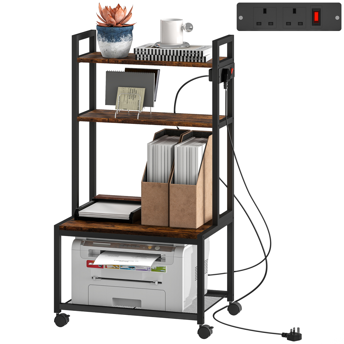 HOMCOM 4-Tier Mobile Printer Stand with Power Outlets for Home Office