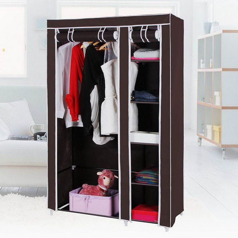 67" Portable Clothes Closet Wardrobe with Non-woven Fabric and Hanging Rod Quick and Easy to Assemble Dark Brown