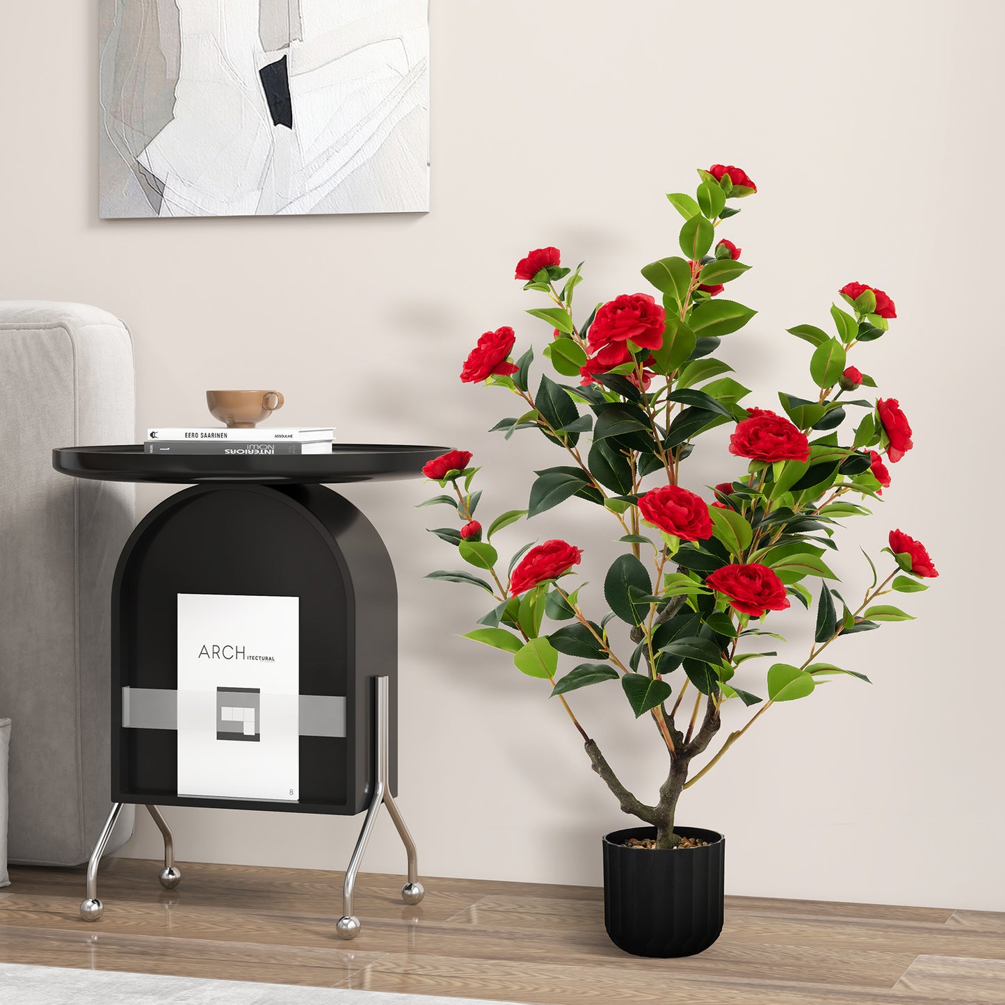 1/2 Pieces 95cm Artificial Camellia Tree with Flowers and Rain-Flower Pebbles-White-1 Piece