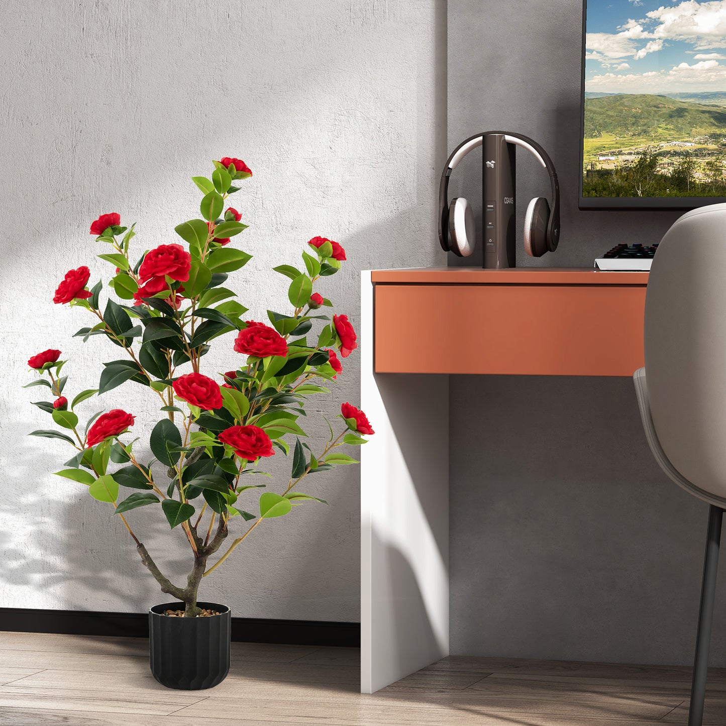 1/2 Pieces 95cm Artificial Camellia Tree with Flowers and Rain-Flower Pebbles-White-1 Piece