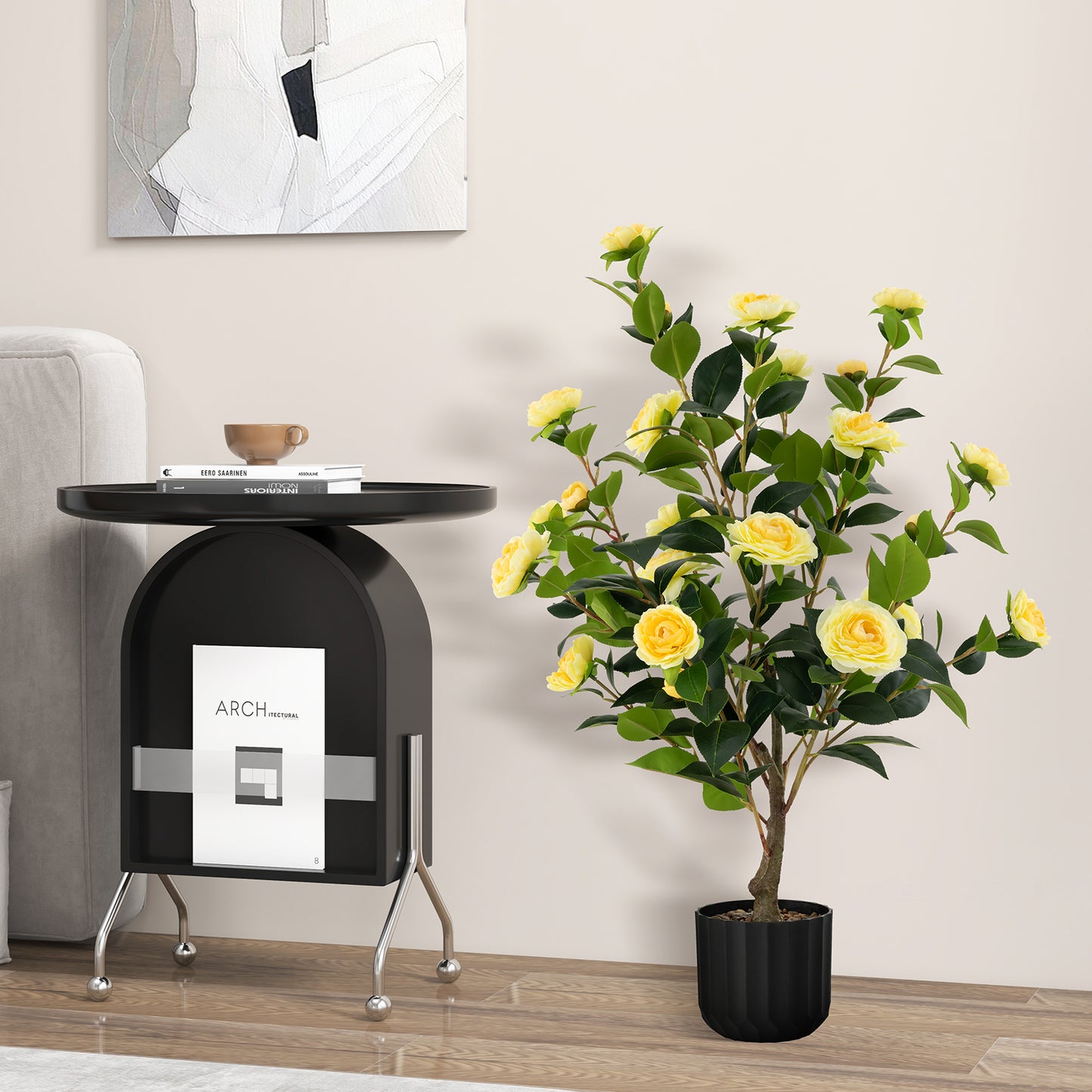 1/2 Pieces 95cm Artificial Camellia Tree with Flowers and Rain-Flower Pebbles-White-1 Piece