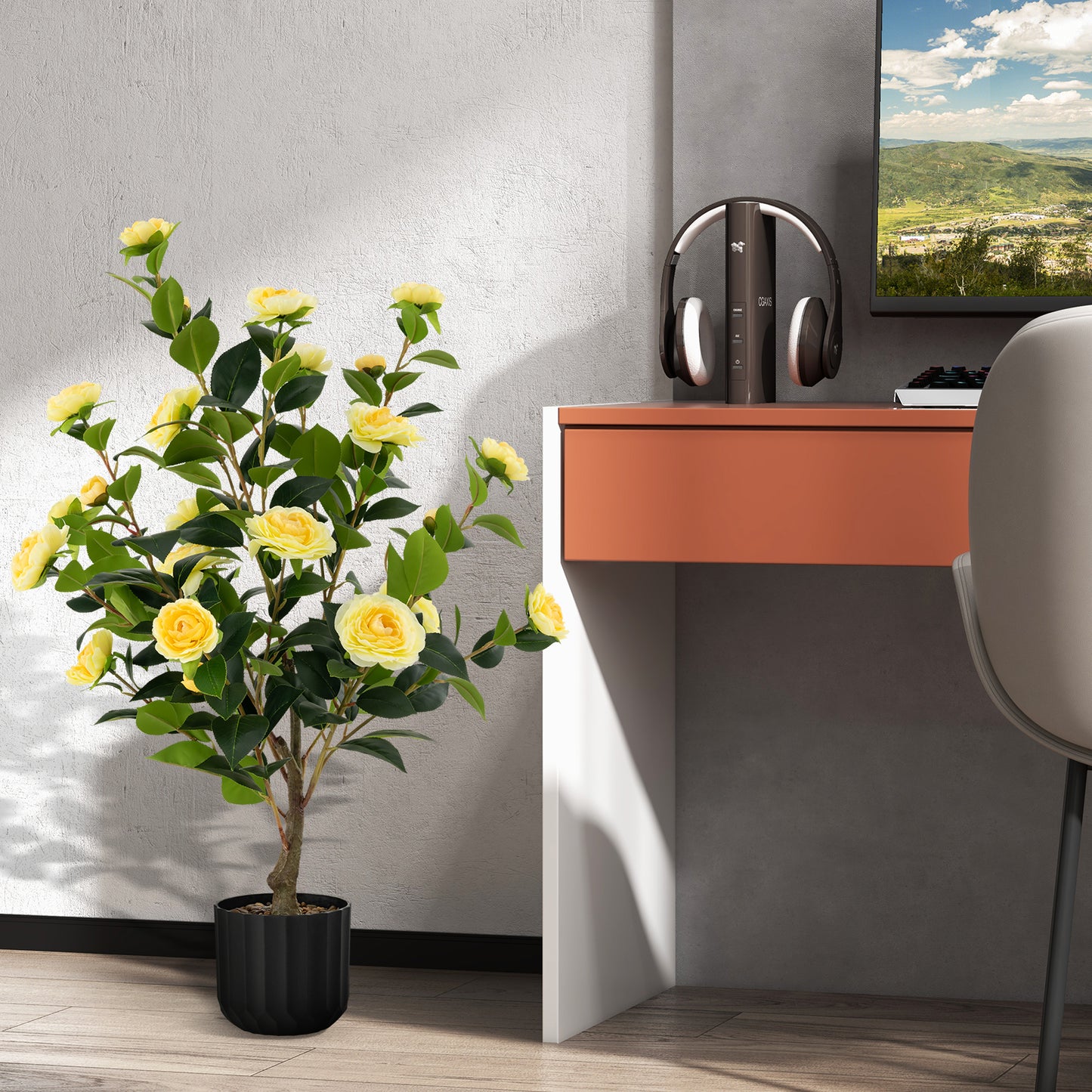 1/2 Pieces 95cm Artificial Camellia Tree with Flowers and Rain-Flower Pebbles-White-1 Piece