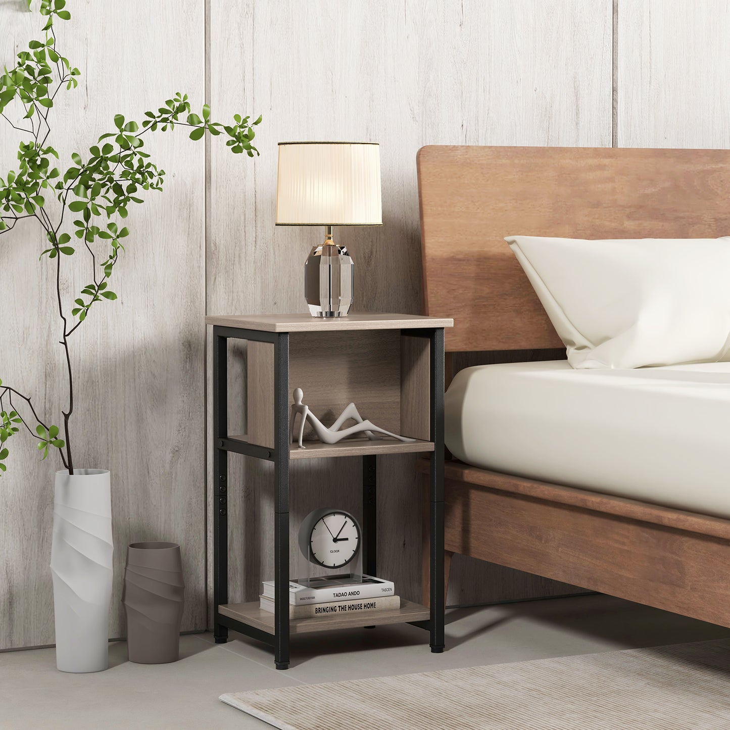 3-Tier Nightstand with Storage Shelf for Small Spaces-Grey