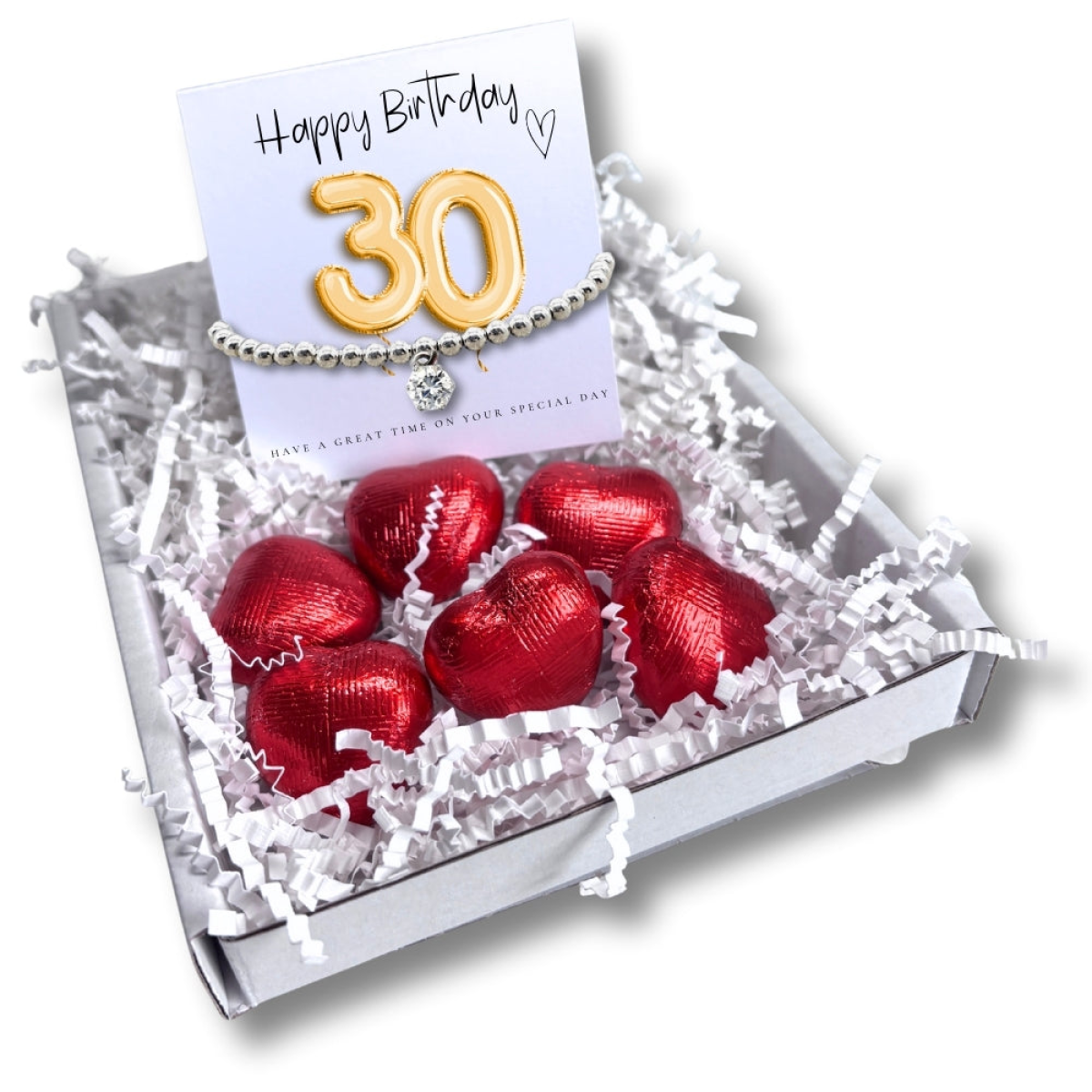 30th Birthday Cubic Zirconia Silver Bracelet & Gold Balloon Hamper