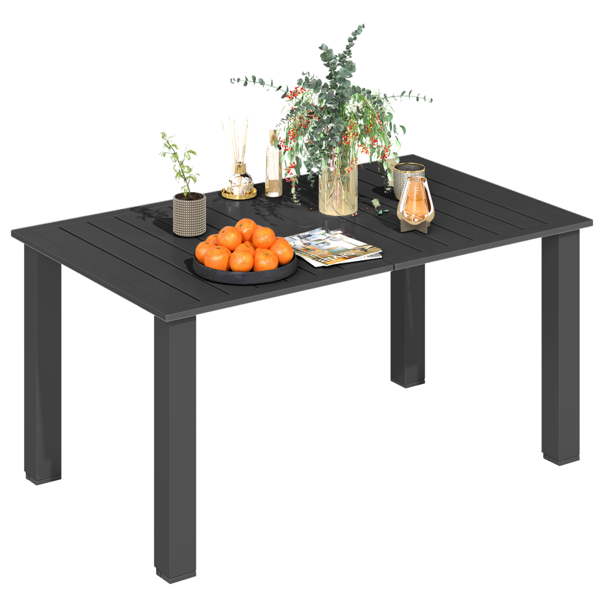 Outsunny Garden Table with Parasol Hole, Slatted Metal Tabletop, Black