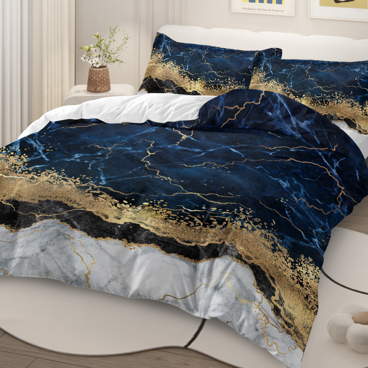 Chic Marble Bedding White Marble Gilded Navy Blue Duvet Cover Set Trendy Printed Design Bed Quilt Cover Set Double 1 Duvet Cover 2 Pillowcases