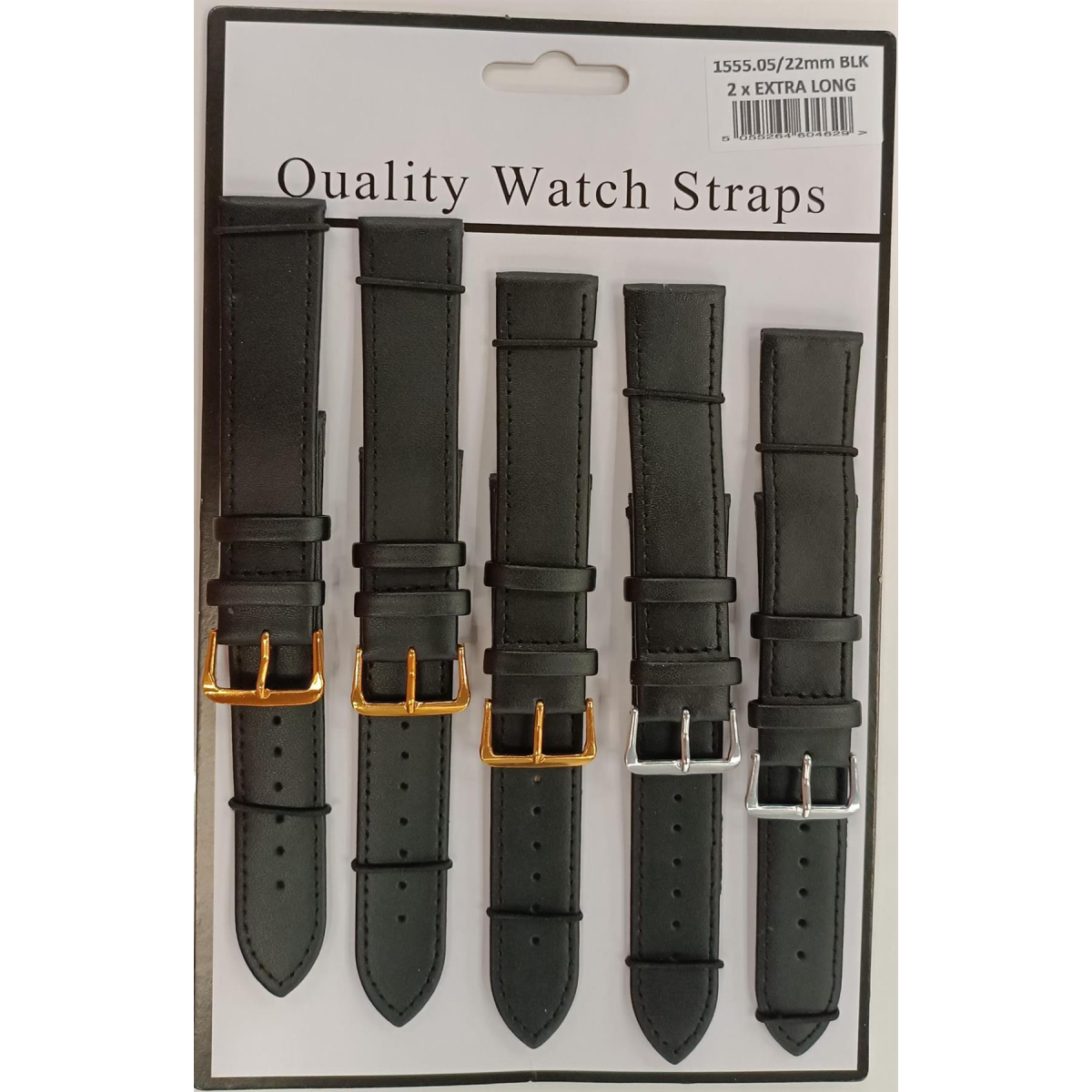 1555.05BK 22MM 2X Extra Long Black Leather Watch Straps Pack of 5